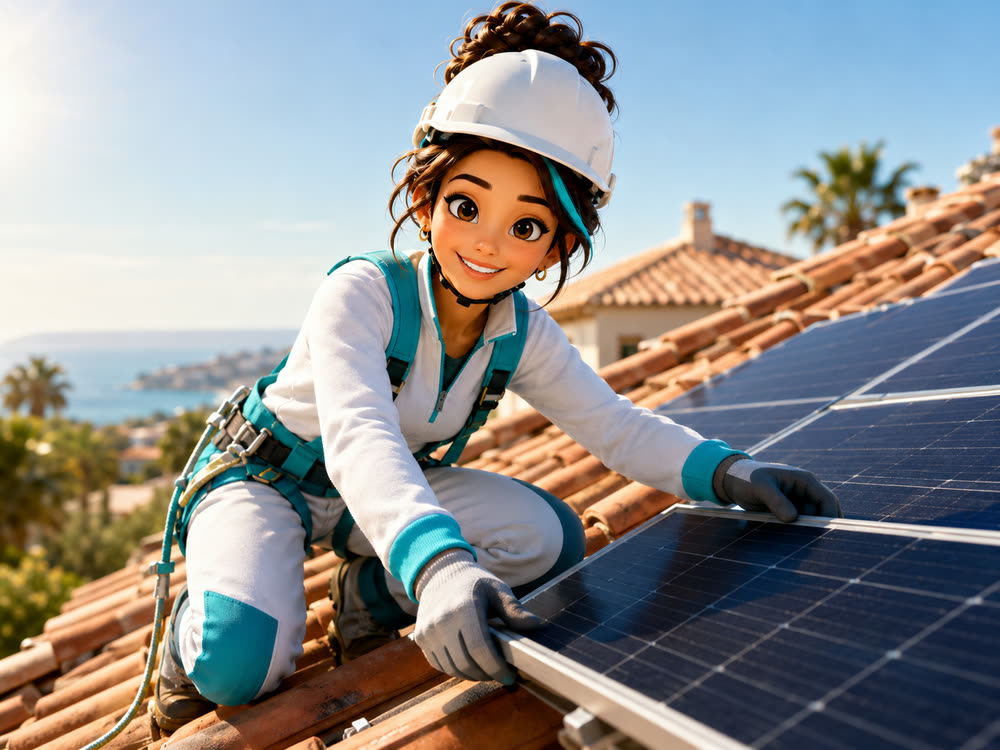 Instalador colocando con cuidado un panel solar en el tejado de una casa