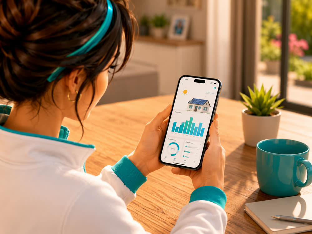 Smartphone mostrando una app de monitorización de energía solar
